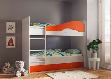 Двухэтажная кровать Мая с 2 ящиками на щитах, корпус Млечный дуб, фасад Оранжевый в Рязани