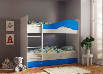 Детская двухэтажная кровать Мая с 2 ящиками на щитах, корпус Млечный дуб, фасад Синий в Рязани