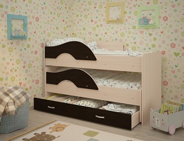 Детская 2-ярусная кровать Радуга 1.6 с ящиком, корпус Млечный дуб, фасад Венге в Рязани