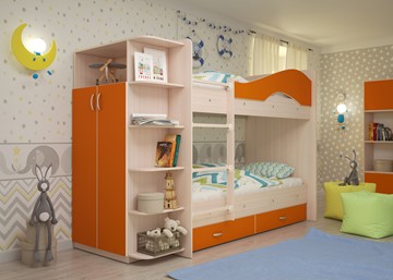 Кровать 2-ярусная Мая на щитах со шкафом и ящиками, корпус Млечный дуб, фасад Оранжевый в Рязани