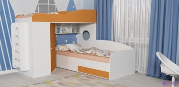 Детская кровать-чердак Кадет-2 с металлической лестницей, корпус Белое дерево, фасад Оранжевый в Рязани