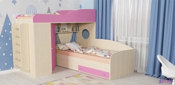 Детская кровать-шкаф Кадет-2 с металлической лестницей, корпус Дуб, фасад Розовый в Рязани