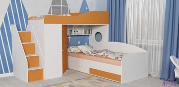 Детская кровать-шкаф Кадет-2 с универсальной лестницей, корпус Белое дерево, фасад Оранжевый в Рязани