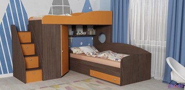 Детская кровать-шкаф Кадет-2 с универсальной лестницей, корпус Ясень анкор темный, фасад Оранжевый в Рязани