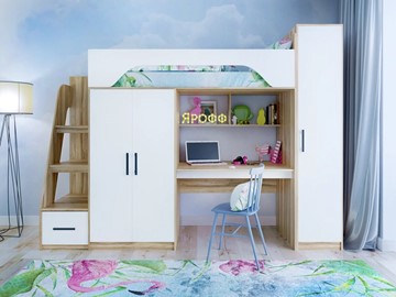 Кровать-чердак детская с шкафом Тея, каркас Ясень, фасад Белый в Рязани