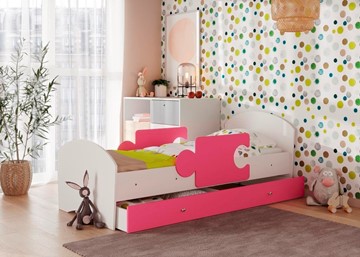 Детская кровать с ящиком и бортиками Мозайка, корпус Белый/фасад Розовый (ламели) в Рязани