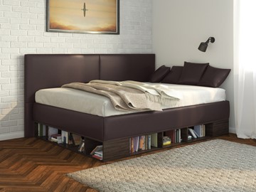 Полутороспальная детская кровать Lancaster 1, 120х200, ЛДСП венге, экокожа коричневая в Рязани