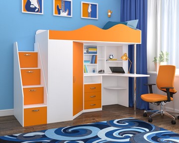 Детская кровать-шкаф Пионер-1, каркас Белое дерево, фасад Оранжевый в Рязани