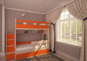 Детская двухэтажная кровать Ярофф Юниор-1 с бортом, каркас Дуб, фасад Оранжевый в Рязани