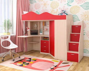 Детская кровать-шкаф Пионер-1, каркас Дуб, фасад Красный в Рязани