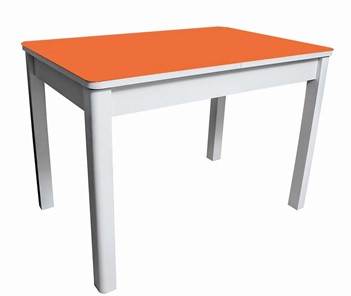 Обеденный раздвижной стол Айсберг-01 СТ2, белое ЛДСП/стекло оранжевое/прямые массив белый в Рязани