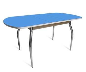 Кухонный раздвижной стол ПГ-07 СТ2, дуб молочный/синие стекло/35 хром гнутые металл в Рязани