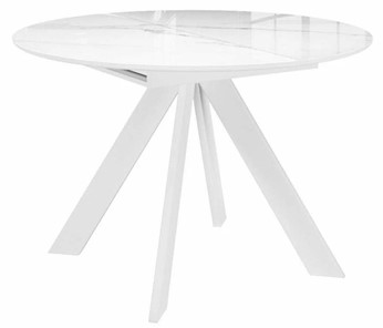 Стеклянный обеденный стол раздвижной DikLine SFC110 d1100 стекло Оптивайт Белый мрамор/подстолье белое/опоры белые в Рязани