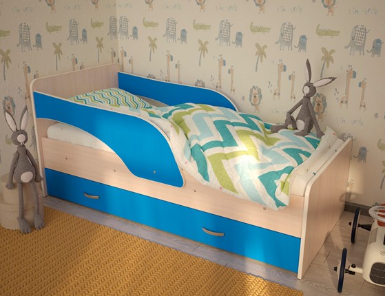 Детская кровать с бортиками Максимка, корпус Млечный дуб, фасад Синий в Рязани - изображение