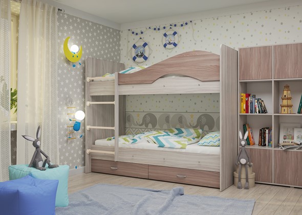 Детская 2-х ярусная кровать Мая с 2 ящиками на щитах, корпус Шимо светлый, фасад Шимо темный в Рязани - изображение