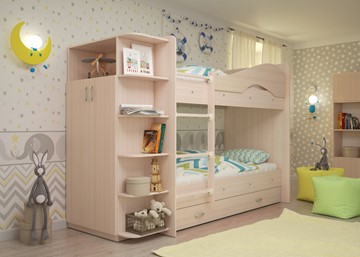 Детская двухэтажная кровать Мая на щитах со шкафом и ящиками, цвет Млечный дуб в Рязани - предосмотр