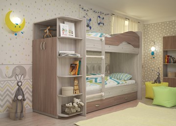 Детская 2-этажная кровать Мая на щитах со шкафом и ящиками, корпус Шимо светлый, фасад Шимо темный в Рязани - предосмотр