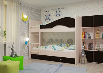 Детская  двухъярусная кровать Мая с 2 ящиками на щитах, корпус Млечный дуб, фасад Венге в Рязани - предосмотр 1