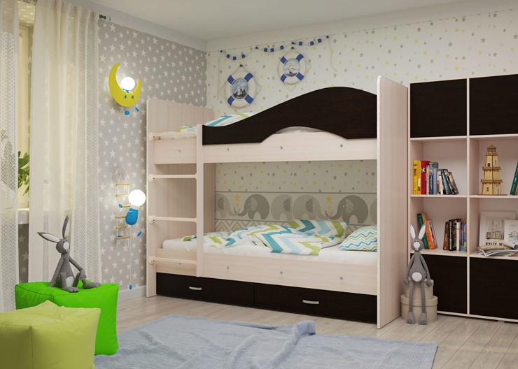 Детская  двухъярусная кровать Мая с 2 ящиками на щитах, корпус Млечный дуб, фасад Венге в Рязани - изображение 1