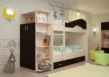Детская  двухъярусная кровать Мая с 2 ящиками на щитах, корпус Млечный дуб, фасад Венге в Рязани - предосмотр 2