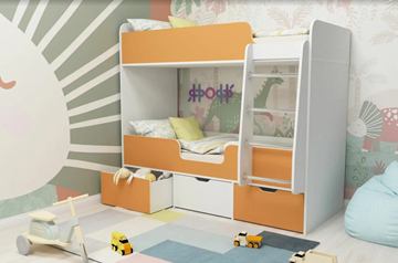 Двухэтажная кровать Малыш двойняшка 70х160, корпус Белое дерево, фасад Оранжевый в Рязани - предосмотр