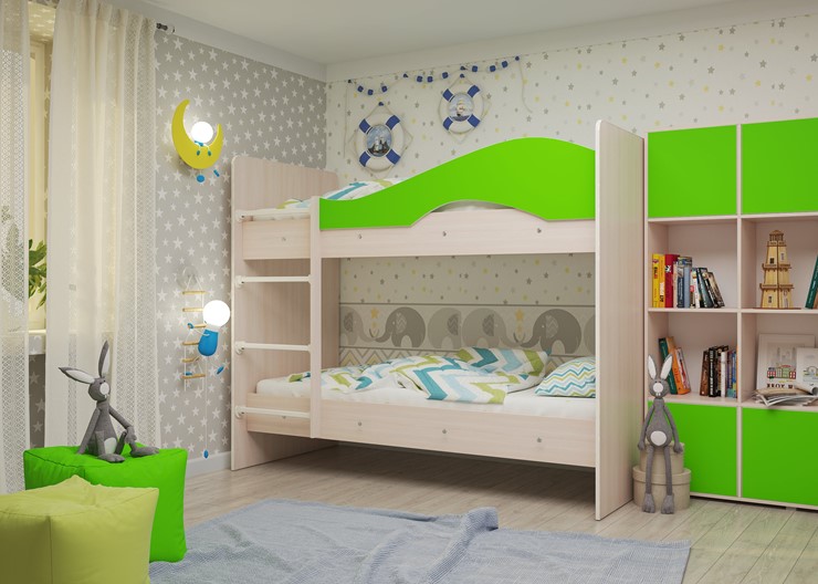 Детская 2-ярусная кровать Мая на щитах, корпус Млечный дуб, фасад Салатовый в Рязани - изображение 1