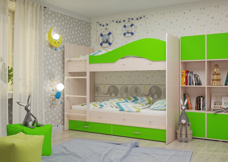 Двухэтажная детская кровать Мая на щитах со шкафом и ящиками, корпус Млечный дуб, фасад Салатовый в Рязани - изображение 1