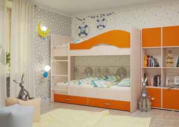 Двухэтажная кровать Мая с 2 ящиками на щитах, корпус Млечный дуб, фасад Оранжевый в Рязани - предосмотр 3