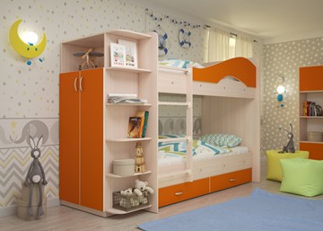 Двухэтажная кровать Мая с 2 ящиками на щитах, корпус Млечный дуб, фасад Оранжевый в Рязани - предосмотр 1