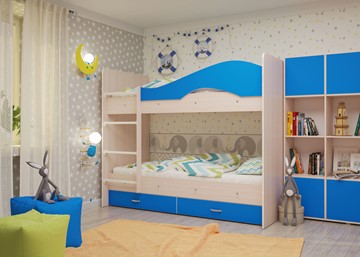 Детская двухэтажная кровать Мая с 2 ящиками на щитах, корпус Млечный дуб, фасад Синий в Рязани - предосмотр 3