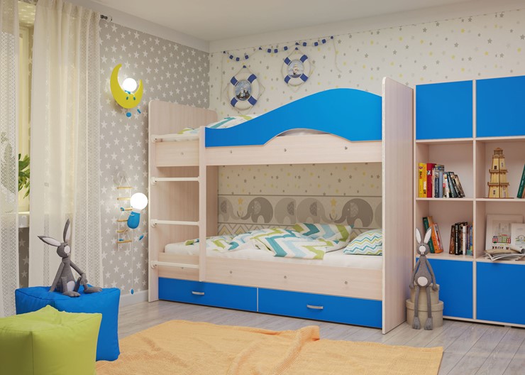Детская двухэтажная кровать Мая с 2 ящиками на щитах, корпус Млечный дуб, фасад Синий в Рязани - изображение 3