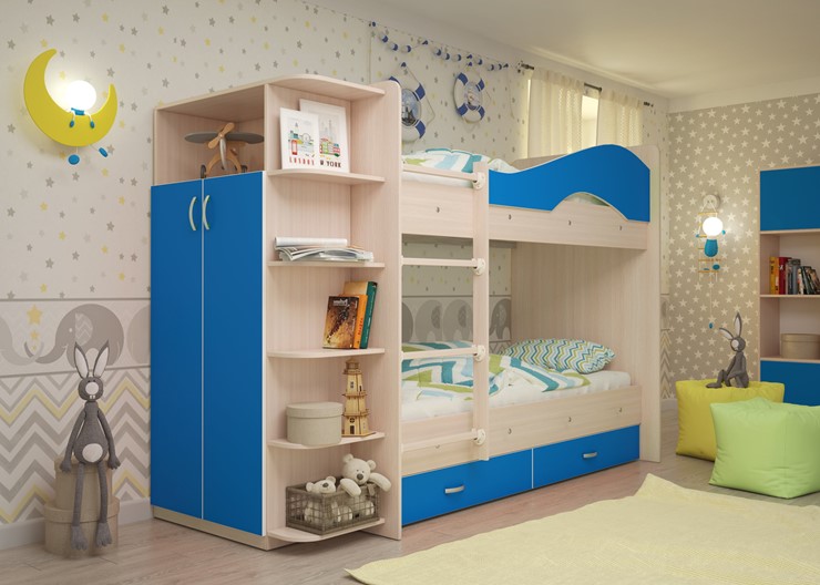 Детская двухэтажная кровать Мая с 2 ящиками на щитах, корпус Млечный дуб, фасад Синий в Рязани - изображение 1