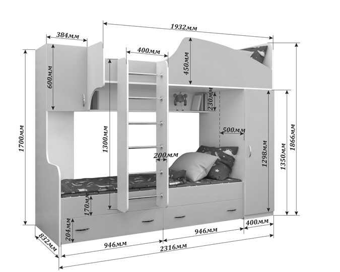 Кровать 2-ярусная Юниор-2, каркас Белое дерево, фасад Лайм в Рязани - изображение 1