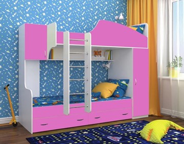 Детская двухъярусная кровать Юниор-2, каркас Белое дерево, фасад Розовый в Рязани - предосмотр
