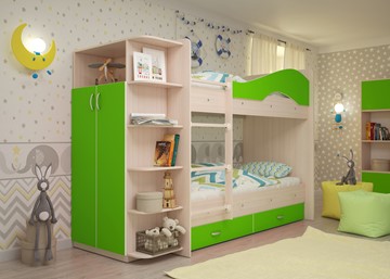 Двухэтажная детская кровать Мая на щитах со шкафом и ящиками, корпус Млечный дуб, фасад Салатовый в Рязани - предосмотр