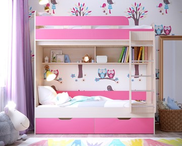 Двухэтажная детская кровать Юниор-5, каркас Дуб, фасад Розовый в Рязани