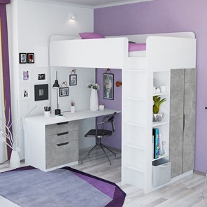 Кровать детская с письменным столом и шкафом POLINI Kids Simple Белый / Бетон в Рязани - предосмотр 1