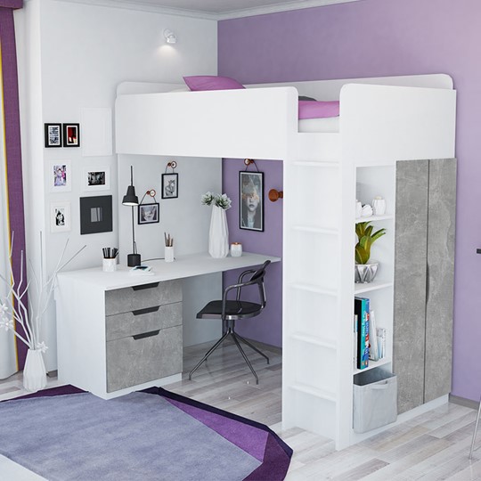 Кровать детская с письменным столом и шкафом POLINI Kids Simple Белый / Бетон в Рязани - изображение 1