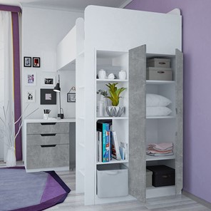 Кровать детская с письменным столом и шкафом POLINI Kids Simple Белый / Бетон в Рязани - предосмотр 2