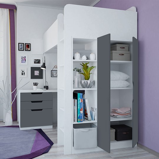 Кровать 2-х ярусная с письменным столом и шкафом POLINI Kids Simple Белый / Серый в Рязани - изображение 1
