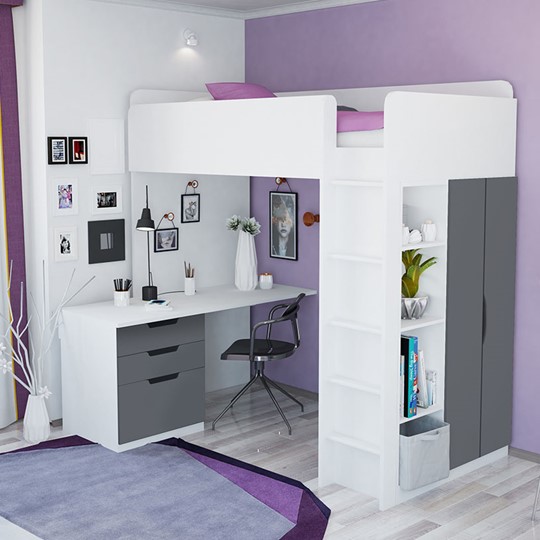 Кровать 2-х ярусная с письменным столом и шкафом POLINI Kids Simple Белый / Серый в Рязани - изображение 3