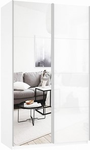 Шкаф 2-х дверный Прайм (Зеркало/Белое стекло) 1600x570x2300, белый снег в Рязани