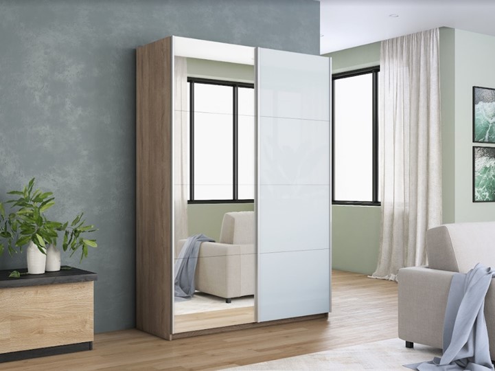 Шкаф 2-створчатый Прайм (Зеркало/Белое стекло) 1400x570x2300, дуб сонома в Рязани - изображение 6