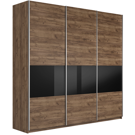 Шкаф 3-х створчатый Широкий Прайм (ДСП / Черное стекло) 2400x570x2300, Крафт Табачный в Рязани - изображение