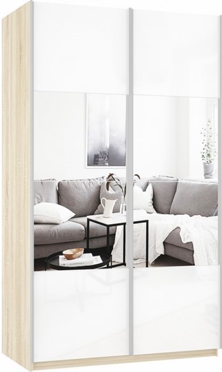 Шкаф 2-створчатый Прайм (Зеркало/Белое стекло) 1400x570x2300, дуб сонома в Рязани - изображение 2
