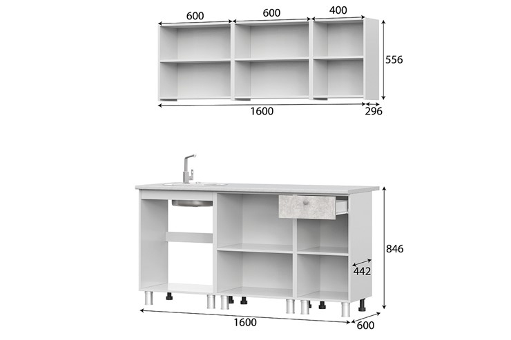 Кухонный гарнитур КГ-1 1600, белый/белый/цемент светлый/антарес в Рязани - изображение 2