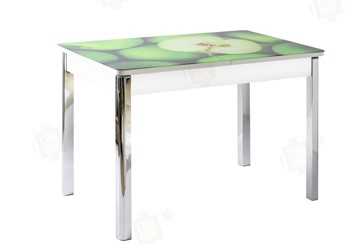 Обеденный раздвижной стол Айсберг-01 СТФ, белый/фотопечать зеленые яблоки/ноги хром квадратные в Рязани