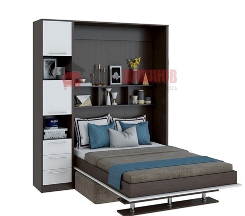 Кровать-шкаф с диваном Бела 1, с полкой ножкой с 1 пеналом, 1600х2000, венге/белый в Рязани - изображение