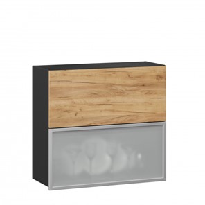Навесной кухонный шкаф 800 горизонтальный, Шервуд, ЛД 281.981.000.049, со стеклом, черный/дуб золотой в Рязани