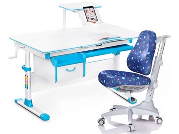 Комплект растущая парта + стул Mealux Mealux EVO Evo-40 BL (арт. Evo-40 BL + Y-528 F) / (стол+полка+кресло) / белая столешница / цвет пластика голубой в Рязани